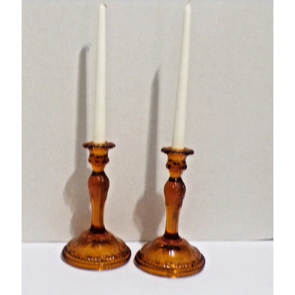 Tiara Indiana Glass Co Amber Daisy Embossed Candle Holders Set of 2 Vintage
